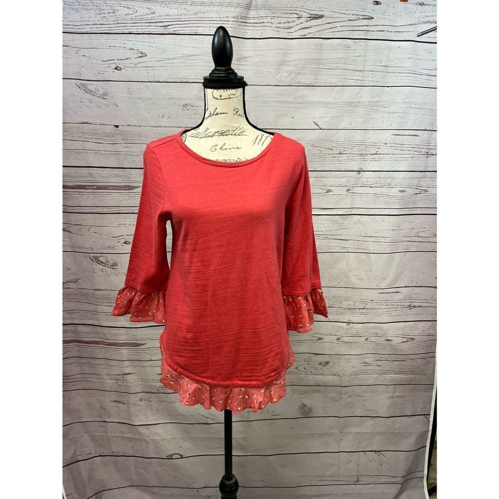 Loft Outlet Coral Pink Ruffle Hem 3/4 Sleeve Top Small Floral Trim Bell Cuff